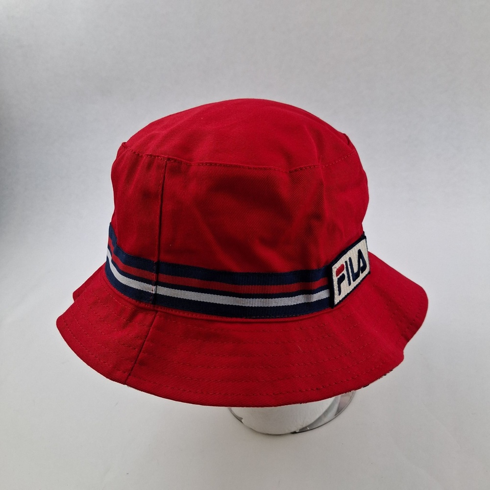 FILA Hat Cap Bucket One Size Red Twill Reversible Logo Mens Summer Casual